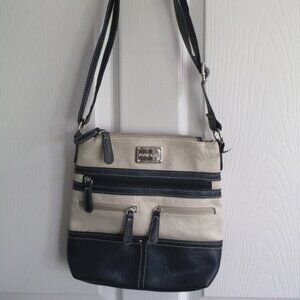 Stone & Co Faux Leather Cross Body Bag PURSE Beige & Navy Blue - Lots of Pockets